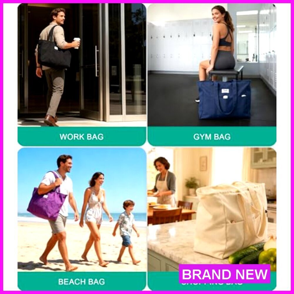 Extra Large Canvas Tote Bag with Zipper, Multiple Pockets, Laptop Sleeve - Picture 6 of 7